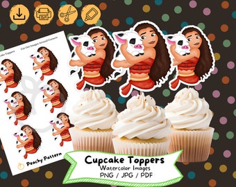 Adornos para cupcakes de acuarela de Moana: Decoración para fiesta de cumpleaños (descarga digital)