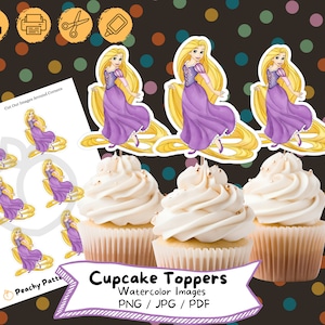 May include: Printable cupcake toppers featuring a watercolor illustration of a princess with long blonde hair wearing a purple dress. The image includes the text "Cupcake Toppers" and "Watercolor Images".