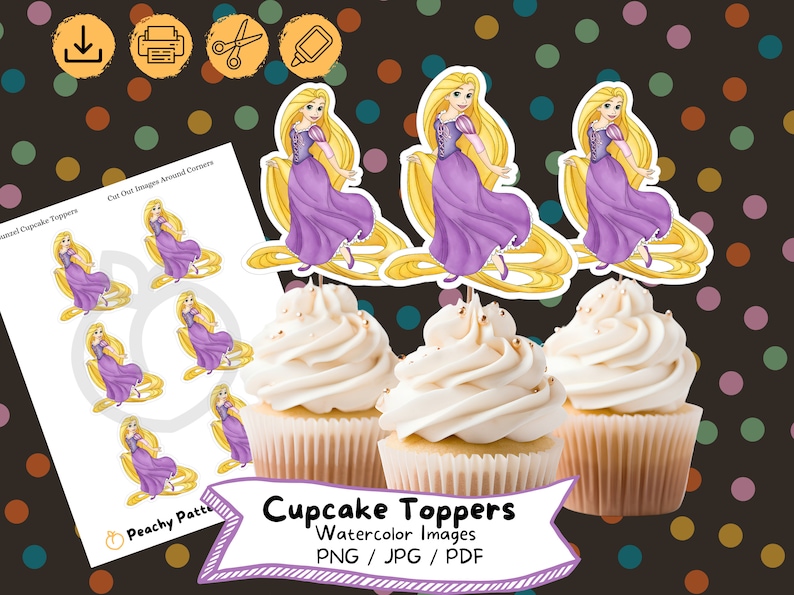 Rapunzel Watercolor Cupcake Topper, Digital, Birthday Party, Cake Topper, Birthday Decoration ...