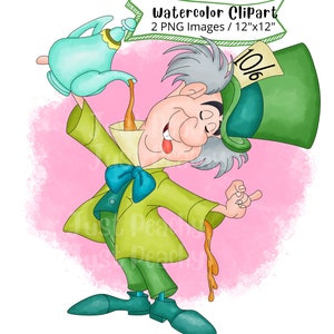 Cappellaio Matto di Alice nel Paese delle Meraviglie Acquerello Clipart, Set completo, PNG, Simpatico cartone animato, Download digitale, Alta risoluzione, Disegnato a mano