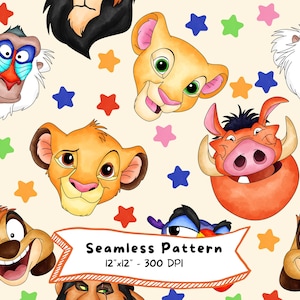 May include: A seamless pattern featuring cartoon characters from The Lion King, including Simba, Nala, Timon, Pumbaa, and Rafiki, with colourful stars on a cream background. The text "Seamless Pattern" is displayed on a banner.