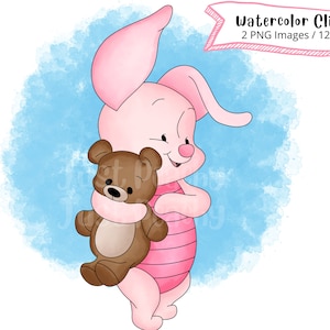 Piglet, Winnie the Pooh Watercolor Clipart Set, Cute Cartoon, Tigger, Piglet, Eeyore, PNG, 300DPI, Full Set, Digital Download, Hand Drawn,