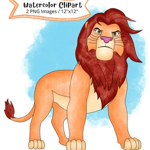 Conjunto de imágenes prediseñadas de acuarela dibujadas a mano del Rey León, PNG, alta resolución, fondo transparente, dibujos animados lindos, animales de Safari, Simba, Mufasa