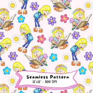 May include: Seamless pattern featuring a cartoon girl with blonde hair, reading a book, surrounded by colorful flowers. The girl wears a flower crown, sandals, and a backpack. The text "Seamless Pattern 12"x12" - 300 DPI" is displayed.