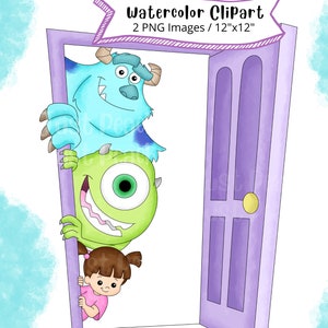 Monsters Inc aquarel clipart set, schattige cartoon, png, hoge resolutie, transparante achtergrond, hand tekenen, boe-geroep, Mike, Sully