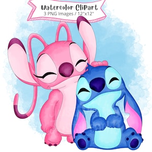 Stitch and Angel Watercolor Clipart Set, Cute Cartoon, PNG, Transparent Background, High Resolution, Lilo and Stitch, Hand Drawn, Valentines