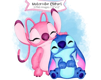 スティッチとエンジェルの水彩クリップアートセット、漫画PNG（デジタルダウンロード）