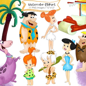 May include: Watercolor clipart featuring cartoon characters from The Flintstones. The image includes Fred, Wilma, Barney, Betty, Pebbles, Bamm-Bamm, Dino, and the Flintmobile. The text "Watercolor Clipart" and "11 PNG Images / 12"x12"" are also included.