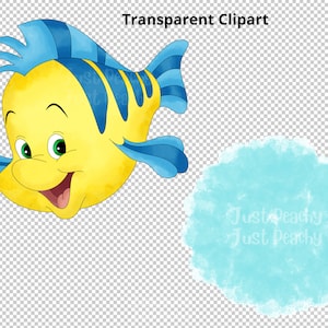 Flounder da La Sirenetta Clipart acquerello disegnato a mano, cartone animato carino, PNG, sfondo trasparente, alta risoluzione, sotto il mare immagine 3