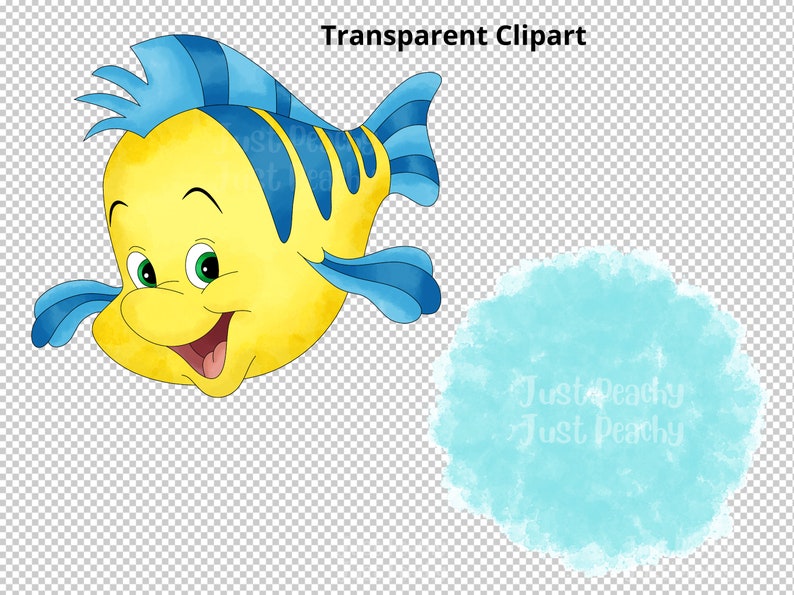 Flounder da La Sirenetta Clipart acquerello disegnato a mano, cartone animato carino, PNG, sfondo trasparente, alta risoluzione, sotto il mare immagine 3