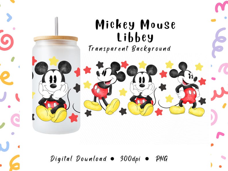 Pode incluir: Um copo Libbey de vidro fosco em forma de lata com tampa e canudo de bambu, com um design do Mickey Mouse. O design inclui Mickey em seus shorts vermelhos cl&aacute;ssicos, sapatos amarelos e luvas pretas, cercado por estrelas. O texto diz "Mickey Mouse Libbey Transparent Background".