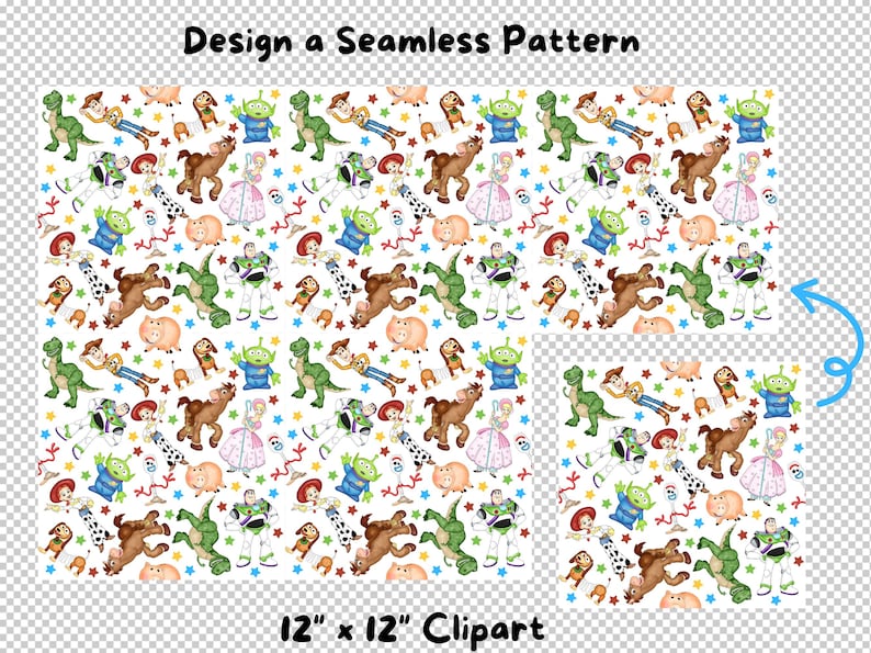Toy Story Seamless Pattern, Watercolor Digital Pattern, Buzz Lightyear, Woody, Jesse, High Resolution image 2