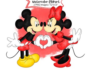 Clipart de acuarela de Minnie y Mickey Mouse: Dibujos animados PNG (Descarga digital)