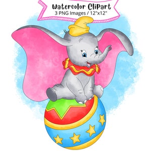 Dumbo Watercolor Clipart, Cute Cartoon, PNG, Hand Drawn, Nursery Decor, Baby Elephant, Instant Download, Birthday, Printable