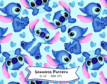 Stitch  Seamless Pattern, Lilo and Stitch,  Digital Download, Cute Cartoon, High Resolution, Instant Download, Watercolor, Kids Party