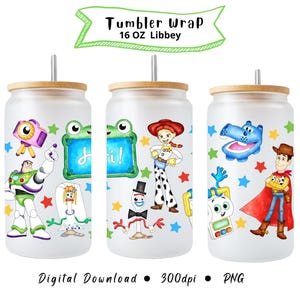 May include: Three glass tumblers with bamboo lids and straws, each featuring a different Toy Story character design. The tumblers have a frosted appearance and are decorated with colorful illustrations and the text "Tumbler Wrap 16 OZ Libbey".