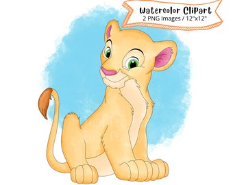May include: A watercolor illustration of a light brown lion cub with pink ears and green eyes. The cub is sitting with its tail curled around its front paw. The background is a light blue watercolor wash.