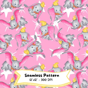 Padrão sem costura aquarela Dumbo, download digital, desenho animado fofo, decoração de berçário, bebê elefante, aniversário, festa infantil