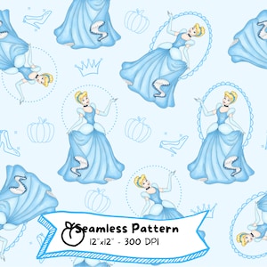 Puede incluir: Un patrón sin costuras con Cenicienta en un vestido azul, calabazas, coronas y zapatos de cristal sobre un fondo azul claro. El texto "Seamless Pattern 12" x 12" - 300 DPI" está en la parte inferior de la imagen.