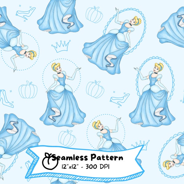 Princess Cinderella Watercolor Seamless Pattern, Digital Download, Cute Cartoon, Fantasy, High Resolution, Instant Download, Commercial use