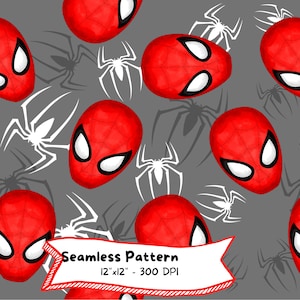 May include: A seamless pattern featuring red and white Spiderman masks and white spider silhouettes on a gray background. The pattern is 12 inches by 12 inches and 300 DPI.