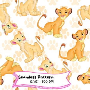 Patrón sin costuras del Rey León, descarga digital, caricatura linda, alta resolución, acuarela, Simba, Nala, diseño de animales de safari, animal bebé