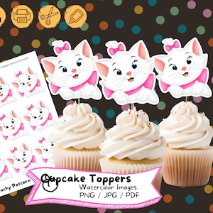 Aristocats Watercolor Cupcake Topper, Digital Download, Birthday Party, Cake Topper, Birthday Decoration, Printable File, Kids Party, Marie