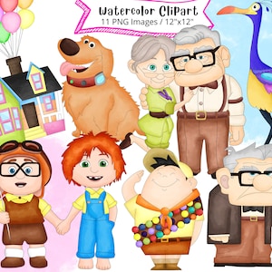 Conjunto de imágenes prediseñadas de acuarela dibujadas a mano, PNG, alta resolución, fondo transparente, caricatura linda, Carl, Ellie, casa de globos, uso comercial
