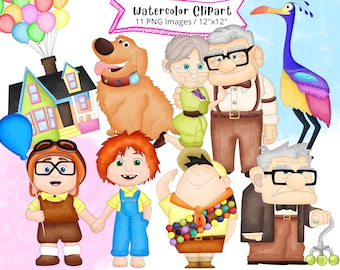 UP Hand Drawn Watercolor Clipart Set, PNG, High Resolution, Transparent Background, Cute Cartoon, Carl, Ellie, Balloon House, Commercial use