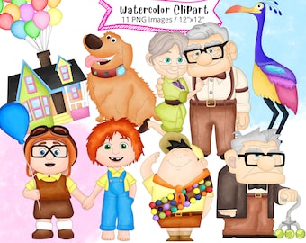 UP Conjunto de imágenes prediseñadas de acuarela dibujadas a mano, PNG, alta resolución, fondo transparente, dibujos animados lindos, Carl, Ellie, Casa de globos, Uso comercial