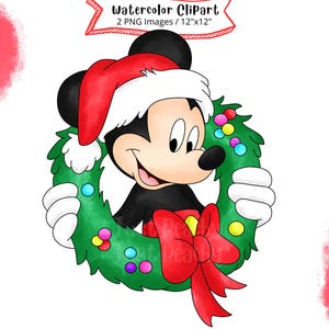 Christmas Mickey Mouse, Watercolor Clipart, Cute Cartoon, PNG, High Resolution, Transparent Background,  Christmas, Holiday, Hand Drawn
