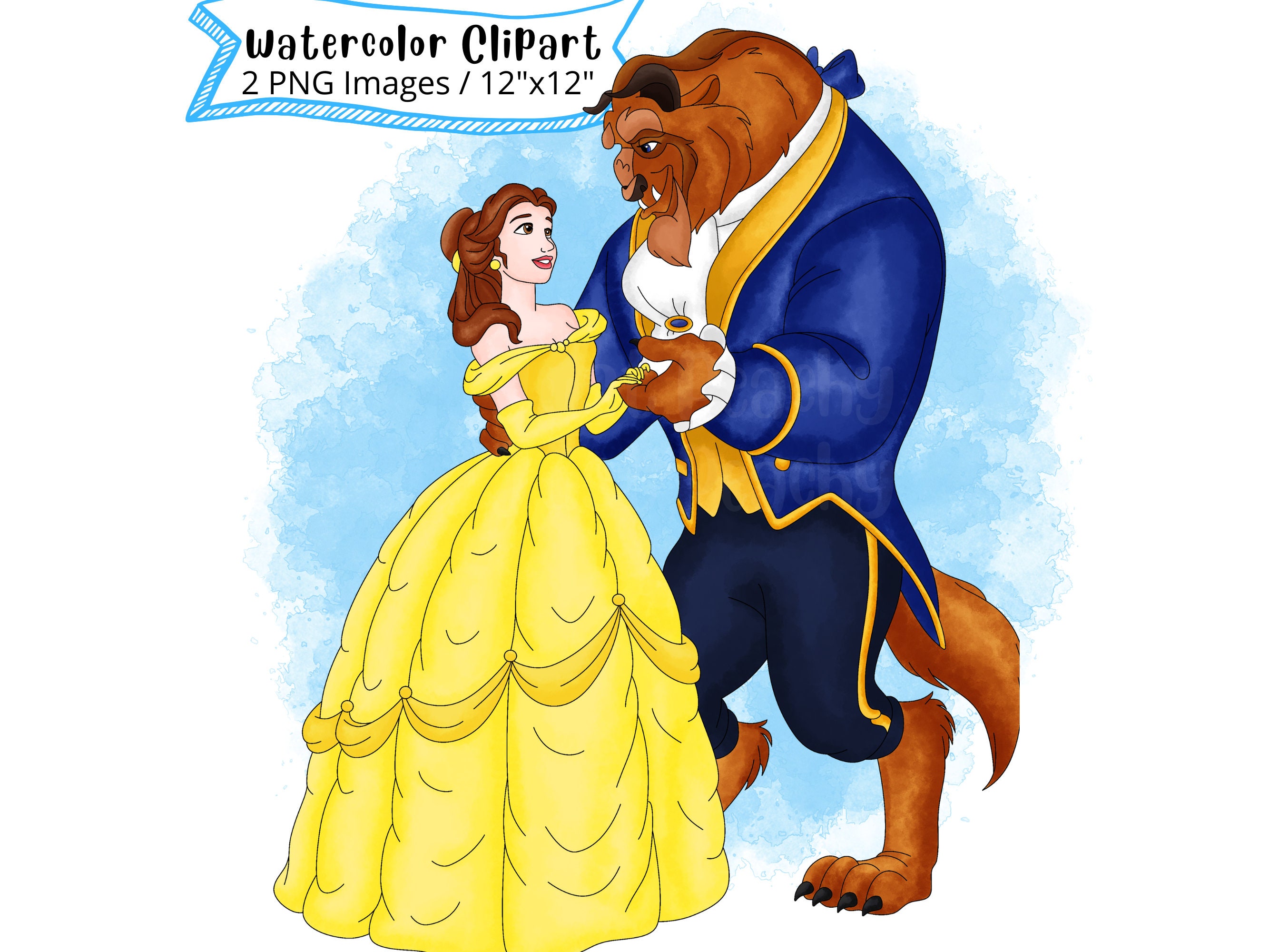 Beauty and the Beast Hand Drawn Watercolor Clipart Set, Cute Cartoon Illustration, PNG, Printable, Transparent Background, High Resolution