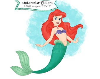 Die kleine Meerjungfrau Hand gezeichnet Aquarell Clipart, niedliche Cartoon, PNG, bedruckbar, transparenter Hintergrund, hohe Auflösung, Prinzessin Ariel