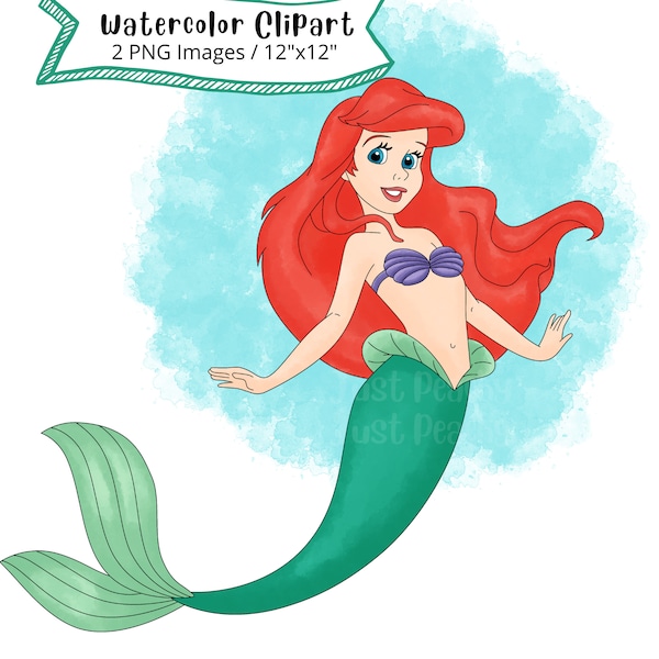 The Little Mermaid Hand Drawn Watercolor Clipart, Cute Cartoon, PNG, Printable, Transparent Background, High Resolution, Princess Ariel