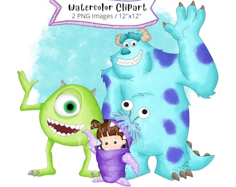 Monsters Inc Watercolor Clipart: Mike, Sully, Boo (PNG Digital Download)