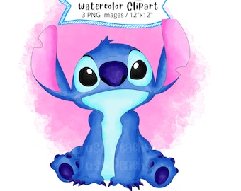 Conjunto de imágenes prediseñadas de Stitch en acuarela, dibujos animados de extraterrestres PNG (descarga digital)