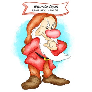 Grumpy Snow White Watercolor Clipart, Seven Dwarfs PNG (Digital Download)