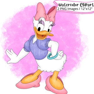Daisy Duck Hand Drawn Watercolor Clipart, Cute Cartoon Illustration, PNG, Mickey Mouse PNG, Transparent Background, Minnie Mouse