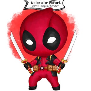 Kawaii Deadpool Watercolor Clipart, PNG, Superhero, Transparent Background, High Resolution, Chibi, Cute Cartoon, Avengers, Hand Drawn