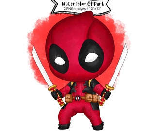 Kawaii Deadpool aquarel clipart: Chibi superheld, png (digitale download)