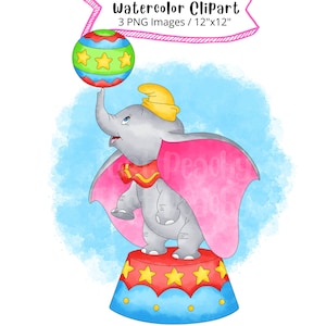 Dumbo Watercolor Clipart, Cute Cartoon, PNG, Hand Drawn, Nursery Decor, Baby Elephant, Instant Download, Birthday, Printable
