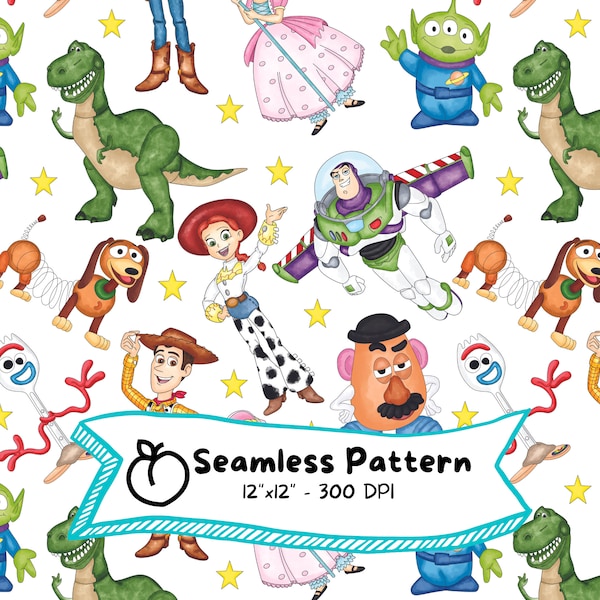 Toy Story Seamless Pattern, Digital Download, Cute Cartoon, Buzz Lightyear, Woody, Jessie, slinky dog, Rex, Alien, Mr Potato Head