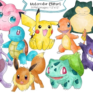 Puede incluir: Clipart de acuarela con nueve personajes de dibujos animados coloridos, incluyendo Pikachu, Squirtle y Charmander. La imagen incluye el texto "Watercolor Clipart" y "9 PNG images / 12"x12".