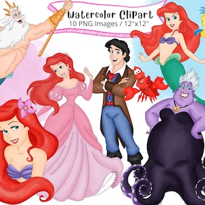 Die kleine Meerjungfrau, handgezeichnetes Aquarell Clipart-Set, niedlicher Cartoon, PNG, bedruckbar, transparenter Hintergrund, hohe Auflösung, Prinzessin Ariel