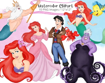 Conjunto de imágenes prediseñadas de acuarela de La Sirenita: Ariel, Flounder, Sebastián y Úrsula (alta resolución, descarga digital)