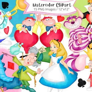 Alice In Wonderland Watercolor Clipart, Full Set, Chesire Cat, Mad Hatter, PNG, Cute Cartoon, Digital Download, High Resolution, Hand Drawn