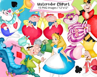 Könnte beinhalten: Aquarell-Clipart mit Alice im Wunderland-Charakteren, darunter der Hutmacher, die Herzkönigin, die Grinsekatze und der weiße Hase. Die Charaktere sind in einem skurrilen und farbenfrohen Stil dargestellt, perfekt für Bastel- und Scrapbooking-Projekte.