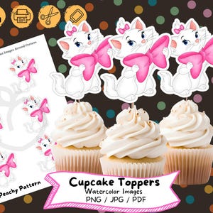Aristocats Watercolor Cupcake Topper, Digital Download, Birthday Party, Cake Topper, Birthday Decoration, Printable File, Kids Party, Marie