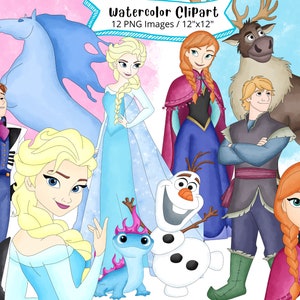 Conjunto de imágenes prediseñadas de acuarela dibujadas a mano de Frozen, PNG, alta resolución, fondo transparente, linda caricatura, Elsa, Anna, Olaf, Sven, uso comercial