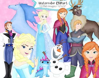 Set di clipart ad acquerello di Frozen: Elsa, Anna, Olaf (PNG, uso commerciale)